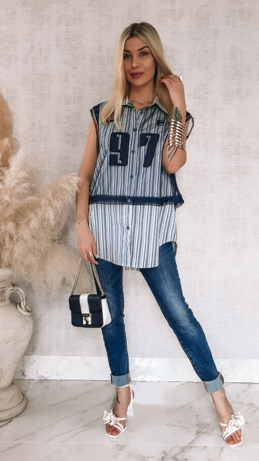 Oryginalna koszula w paski z ozdobnym tiulem ONE SIZE - R808