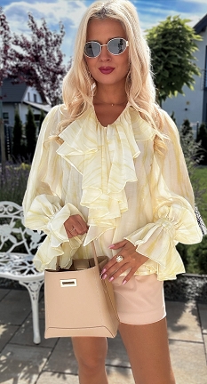 Elegancka letnia bluzka z żabotem biało-żółta ONE SIZE - N430