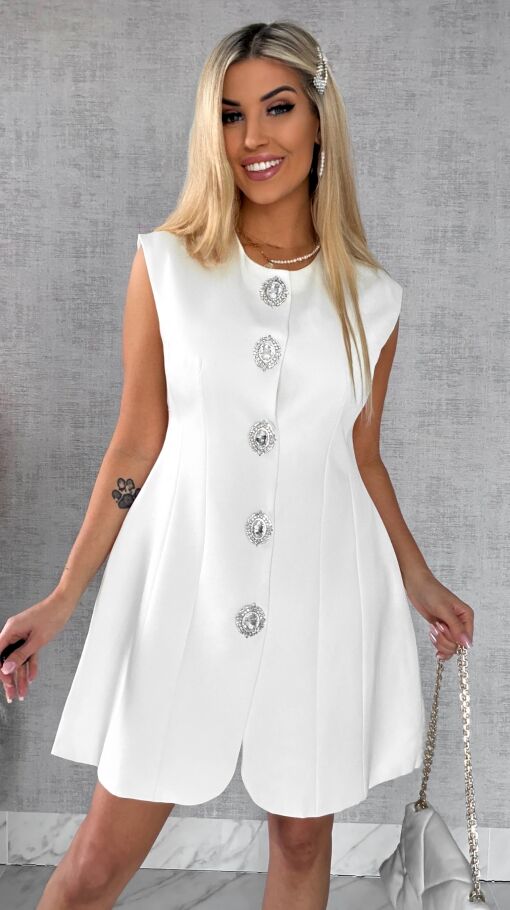 Elegancka sukienka z dużymi ozdobnymi guzikami ZŁAMANA BIEL - R502A