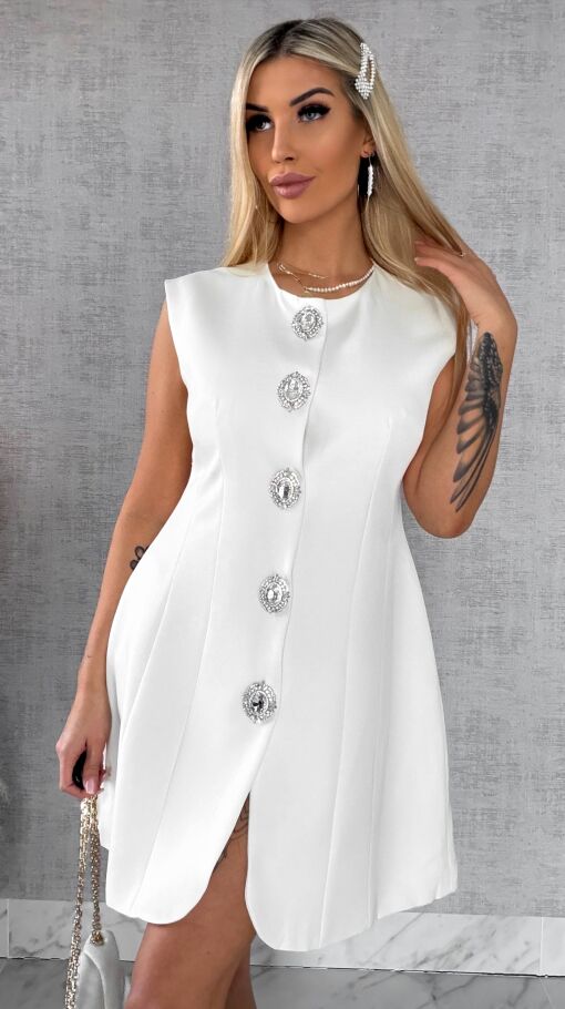 Elegancka sukienka z dużymi ozdobnymi guzikami ZŁAMANA BIEL - R502A