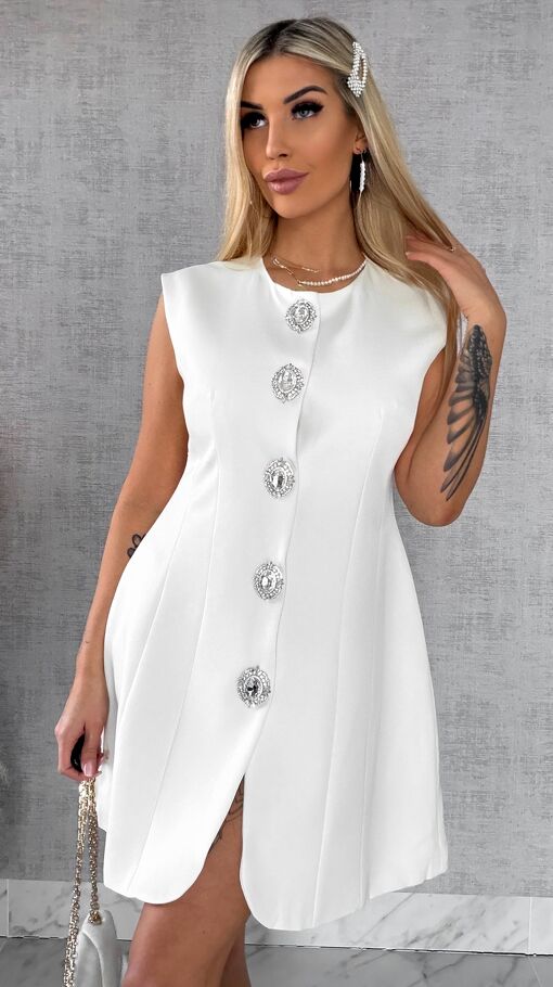 Elegancka sukienka z dużymi ozdobnymi guzikami ZŁAMANA BIEL - R502A