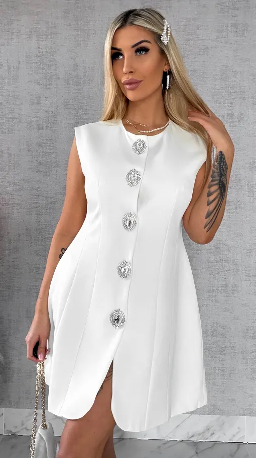 Elegancka sukienka z dużymi ozdobnymi guzikami ZŁAMANA BIEL - R502A