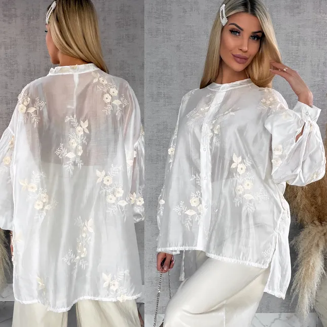 Asymetryczna koszula mgiełka w haftowane kwiaty ONE SIZE - R454