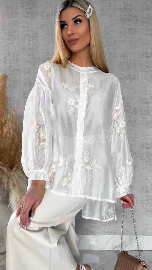 Asymetryczna koszula mgiełka w haftowane kwiaty ONE SIZE - R454