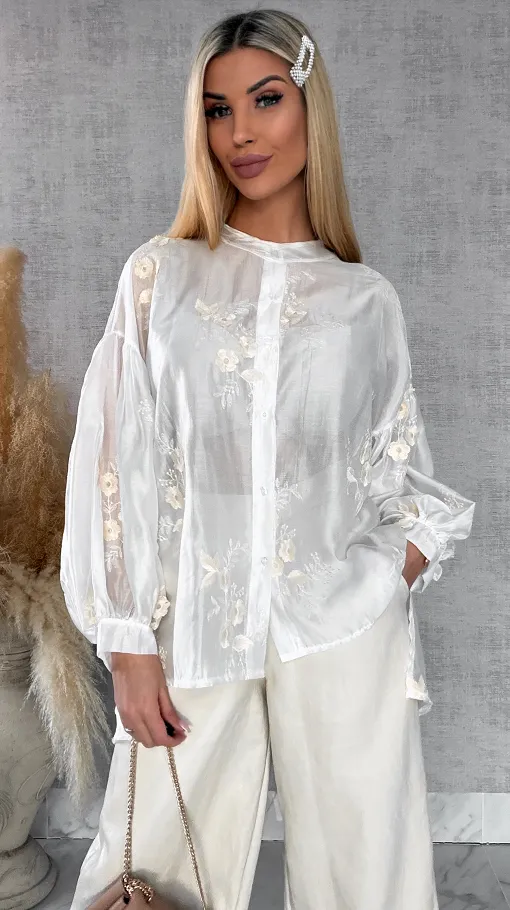 Asymetryczna koszula mgiełka w haftowane kwiaty ONE SIZE - R454