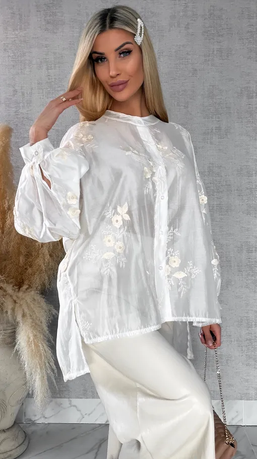 Asymetryczna koszula mgiełka w haftowane kwiaty ONE SIZE - R454
