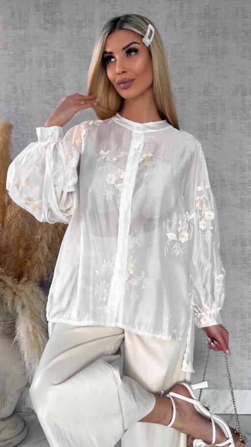Asymetryczna koszula mgiełka w haftowane kwiaty ONE SIZE - R454