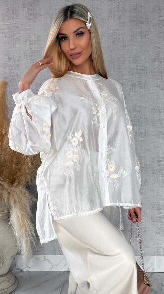 Asymetryczna koszula mgiełka w haftowane kwiaty ONE SIZE - R454