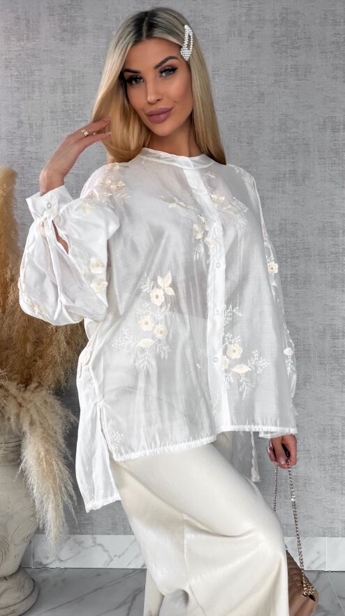 Asymetryczna koszula mgiełka w haftowane kwiaty ONE SIZE - R454