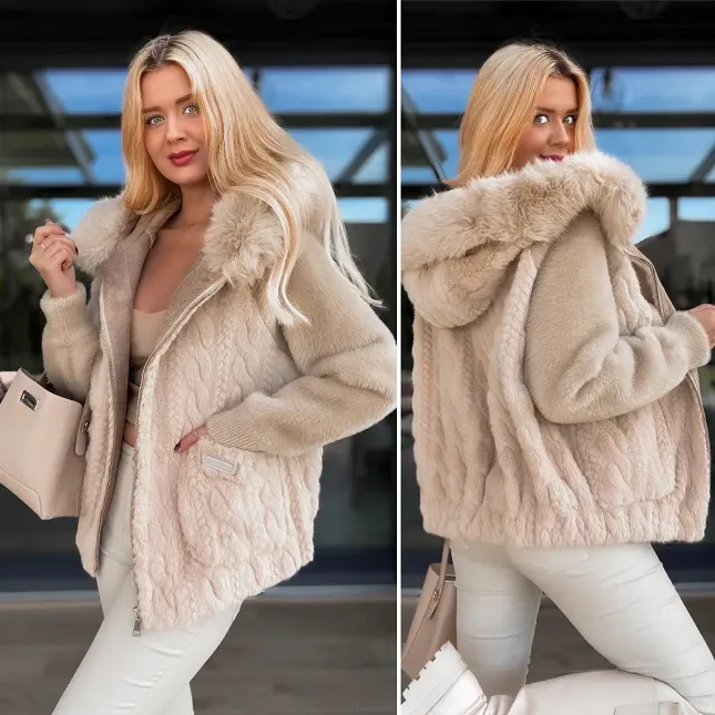 Oryginalne futerko golone we wzorze warkocza BEŻOWE - R115A