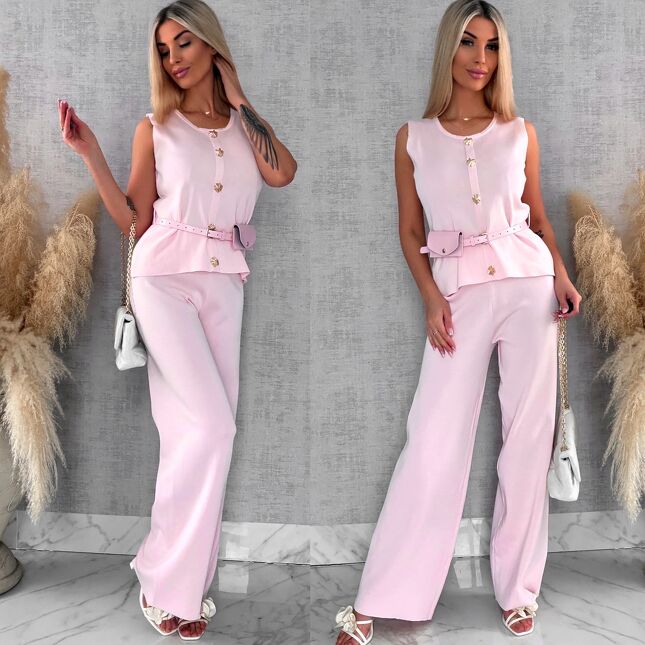 Jasno różowy elegancki dzianinowy komplet kamizelka + spodnie ONE SIZE - R566A