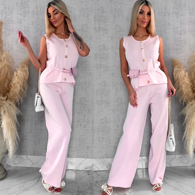 Jasno różowy elegancki dzianinowy komplet kamizelka + spodnie ONE SIZE - R566A