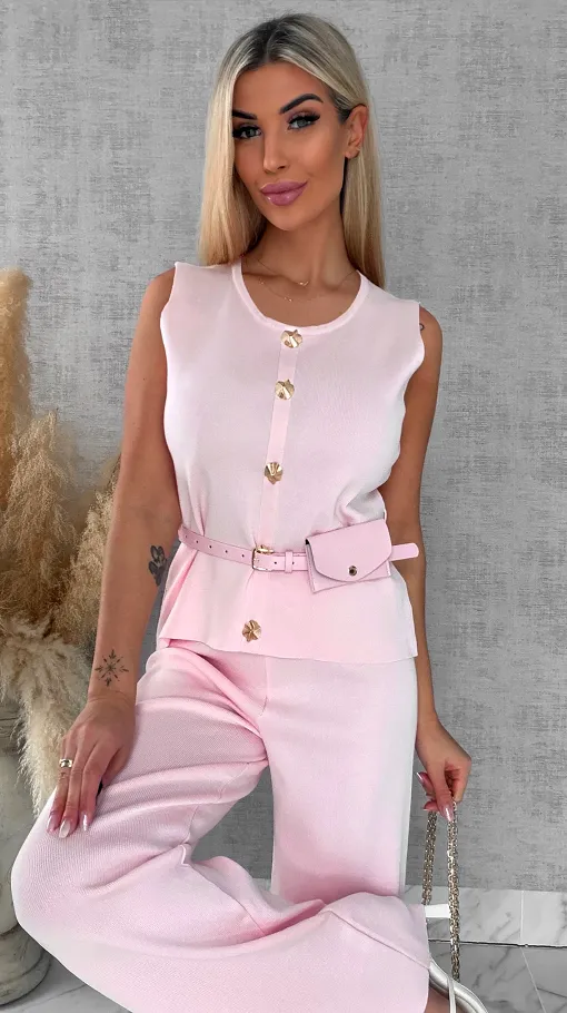 Jasno różowy elegancki dzianinowy komplet kamizelka + spodnie ONE SIZE - R566A