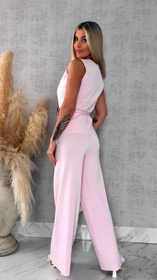 Jasno różowy elegancki dzianinowy komplet kamizelka + spodnie ONE SIZE - R566A