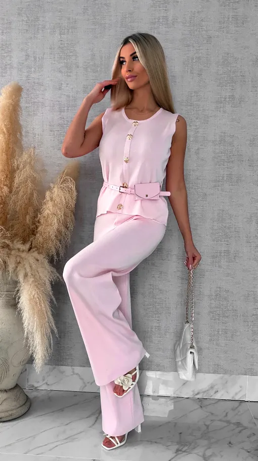 Jasno różowy elegancki dzianinowy komplet kamizelka + spodnie ONE SIZE - R566A