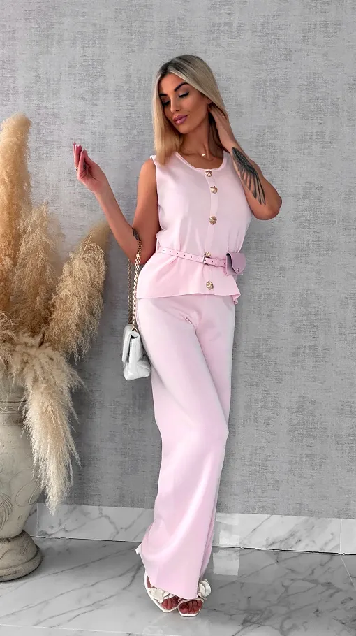 Jasno różowy elegancki dzianinowy komplet kamizelka + spodnie ONE SIZE - R566A