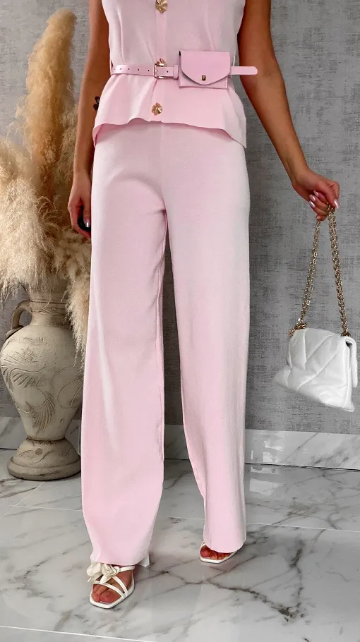 Jasno różowy elegancki dzianinowy komplet kamizelka + spodnie ONE SIZE - R566A