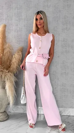 Jasno różowy elegancki dzianinowy komplet kamizelka + spodnie ONE SIZE - R566A