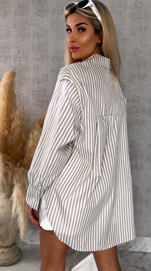 Asymetryczna koszula w beżowe paski zdobiona koronką ONE SIZE - R568