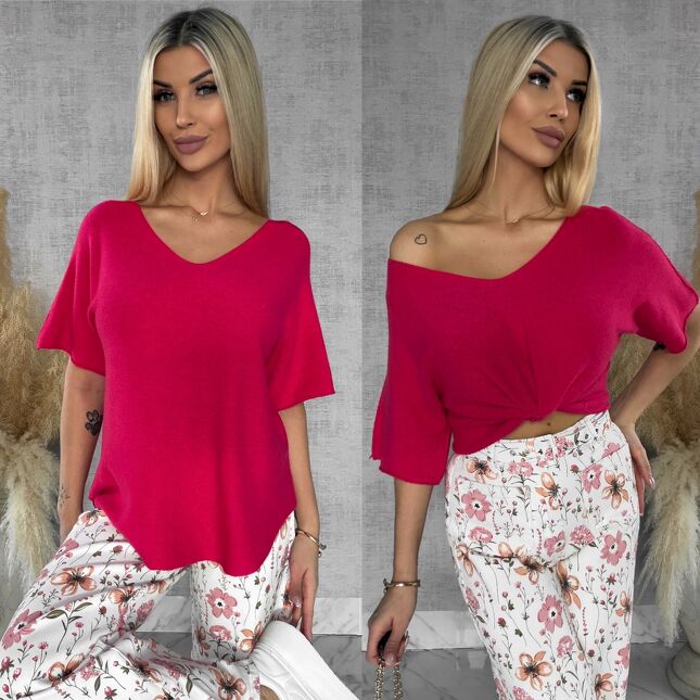 Wiosenny sweter z krótkimi rękawami w serek KORALOWY - R662A