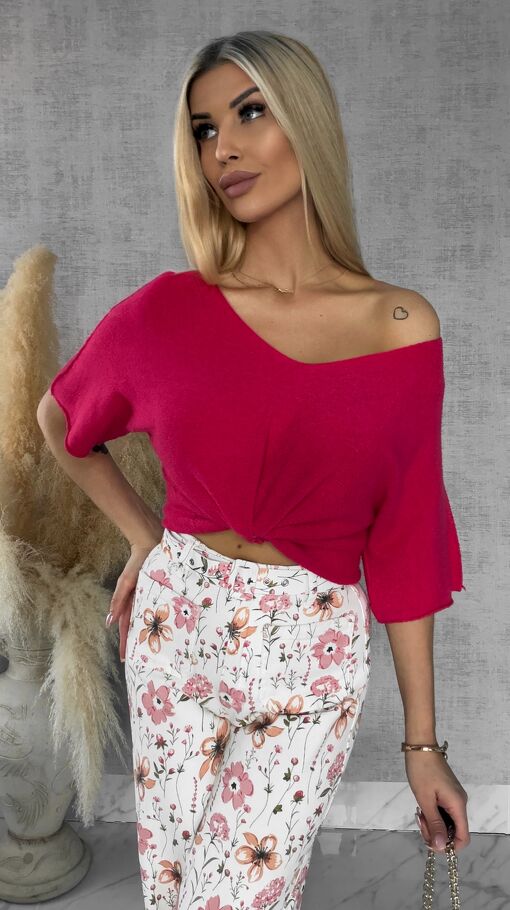 Wiosenny sweter z krótkimi rękawami w serek KORALOWY - R662A