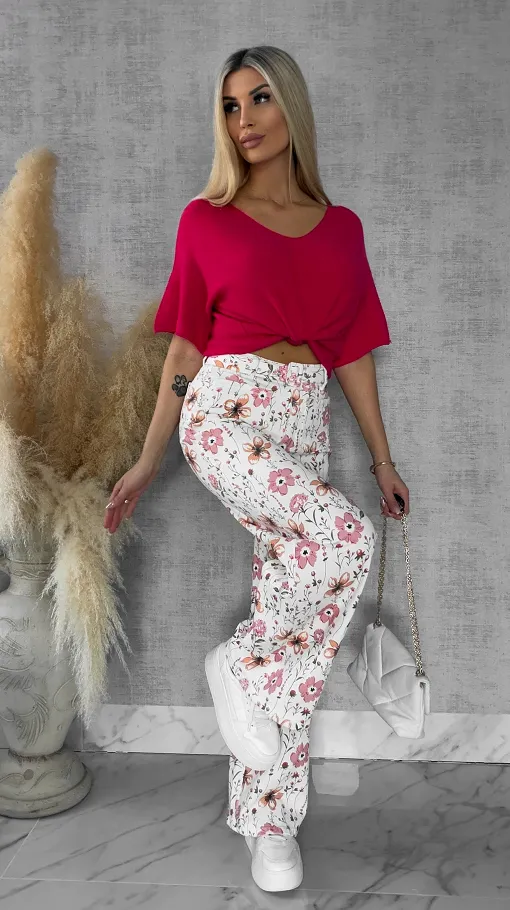 Wiosenny sweter z krótkimi rękawami w serek KORALOWY - R662A