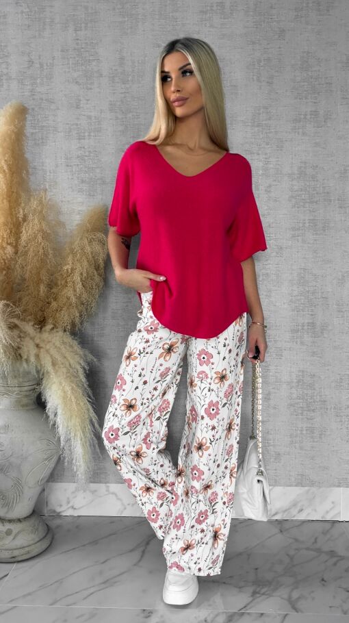 Wiosenny sweter z krótkimi rękawami w serek KORALOWY - R662A