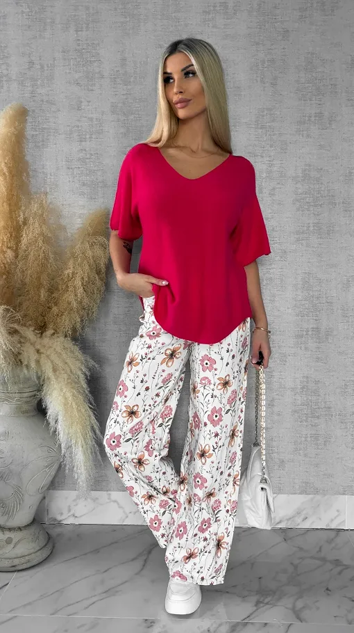 Wiosenny sweter z krótkimi rękawami w serek KORALOWY - R662A