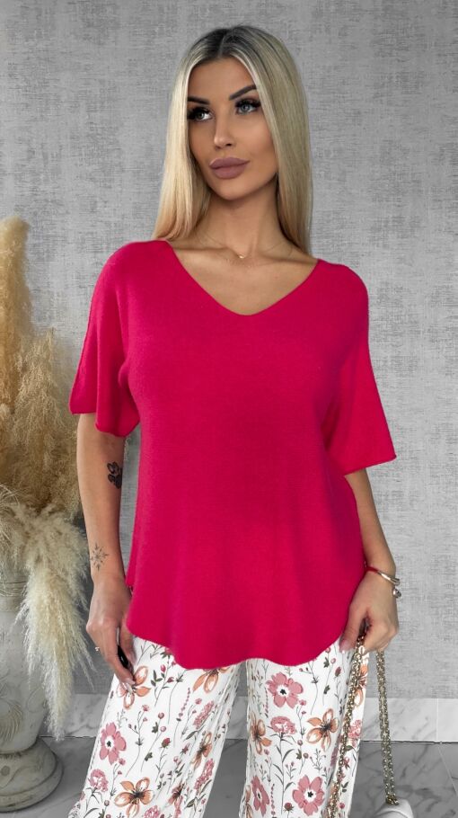 Wiosenny sweter z krótkimi rękawami w serek KORALOWY - R662A