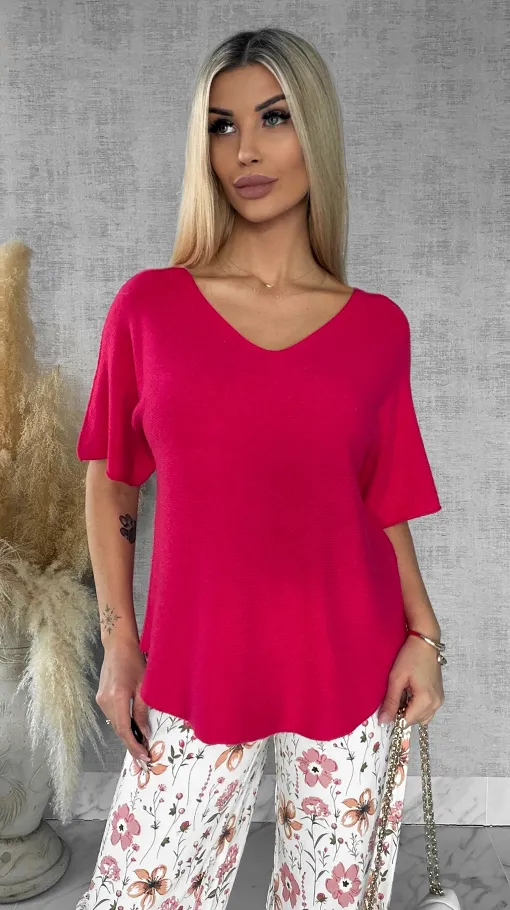 Wiosenny sweter z krótkimi rękawami w serek KORALOWY - R662A