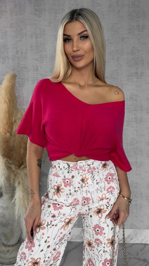 Wiosenny sweter z krótkimi rękawami w serek KORALOWY - R662A