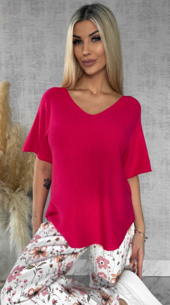 Wiosenny sweter z krótkimi rękawami w serek KORALOWY - R662A