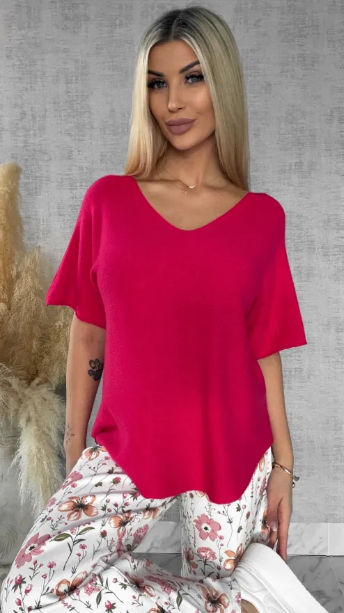 Wiosenny sweter z krótkimi rękawami w serek KORALOWY - R662A