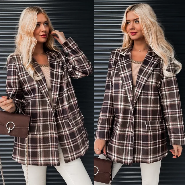 Modna luźna marynarka w brązową kratę OVERSIZE - R285