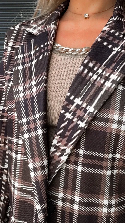 Modna luźna marynarka w brązową kratę OVERSIZE - R285