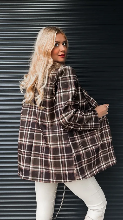 Modna luźna marynarka w brązową kratę OVERSIZE - R285