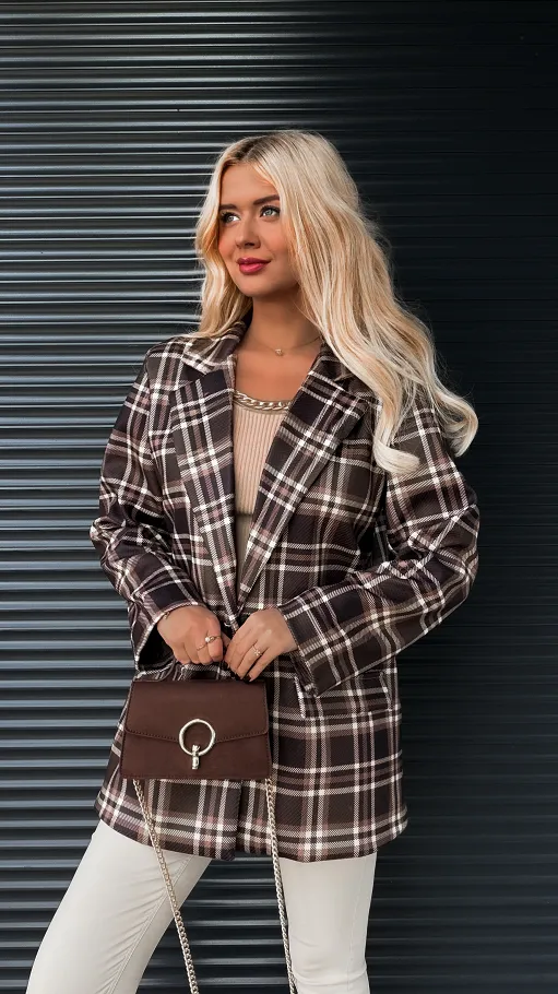 Modna luźna marynarka w brązową kratę OVERSIZE - R285