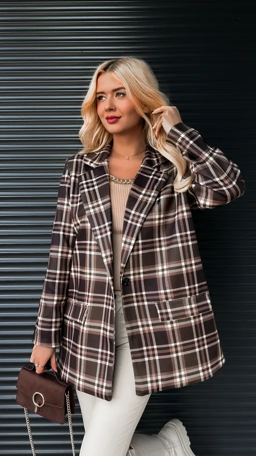 Modna luźna marynarka w brązową kratę OVERSIZE - R285