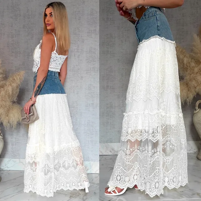 Długa jeansowa spódnica z koronką BLUE JEANS - R845