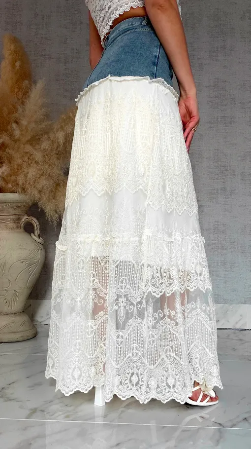 Długa jeansowa spódnica z koronką BLUE JEANS - R845