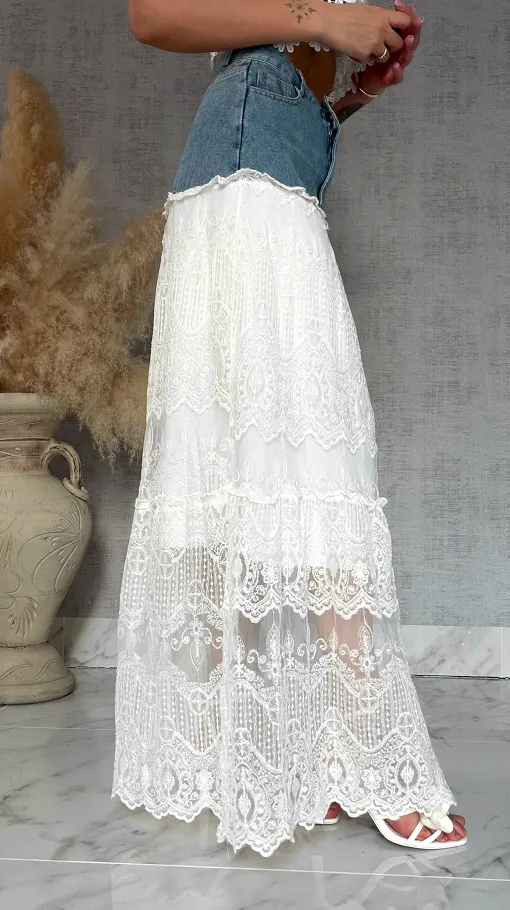 Długa jeansowa spódnica z koronką BLUE JEANS - R845