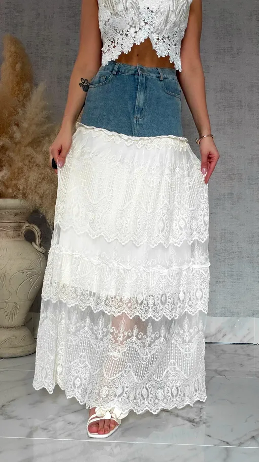 Długa jeansowa spódnica z koronką BLUE JEANS - R845