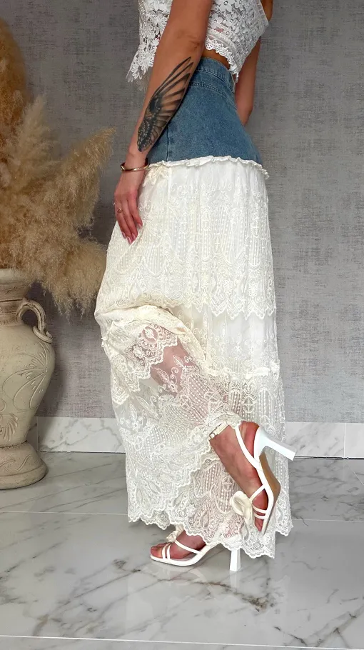 Długa jeansowa spódnica z koronką BLUE JEANS - R845