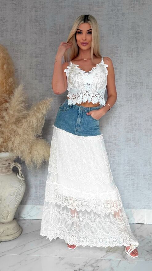 Długa jeansowa spódnica z koronką BLUE JEANS - R845