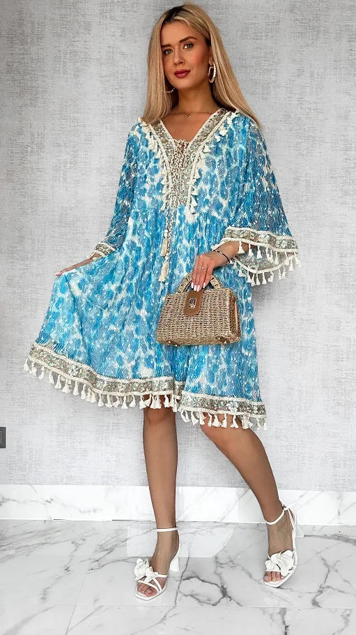 Luźna BOHO sukienka w cudownym niebieskim kolorze ONE SIZE - P692