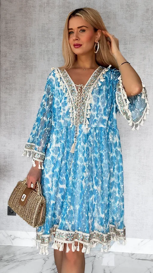Luźna BOHO sukienka w cudownym niebieskim kolorze ONE SIZE - P692