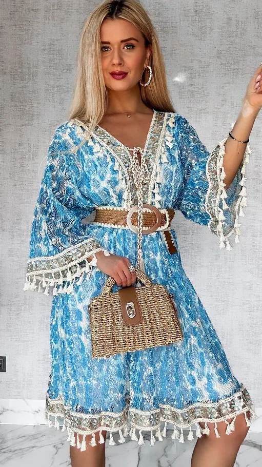 Luźna BOHO sukienka w cudownym niebieskim kolorze ONE SIZE - P692