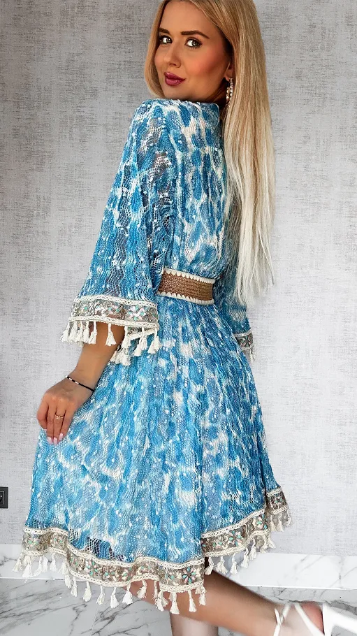 Luźna BOHO sukienka w cudownym niebieskim kolorze ONE SIZE - P692