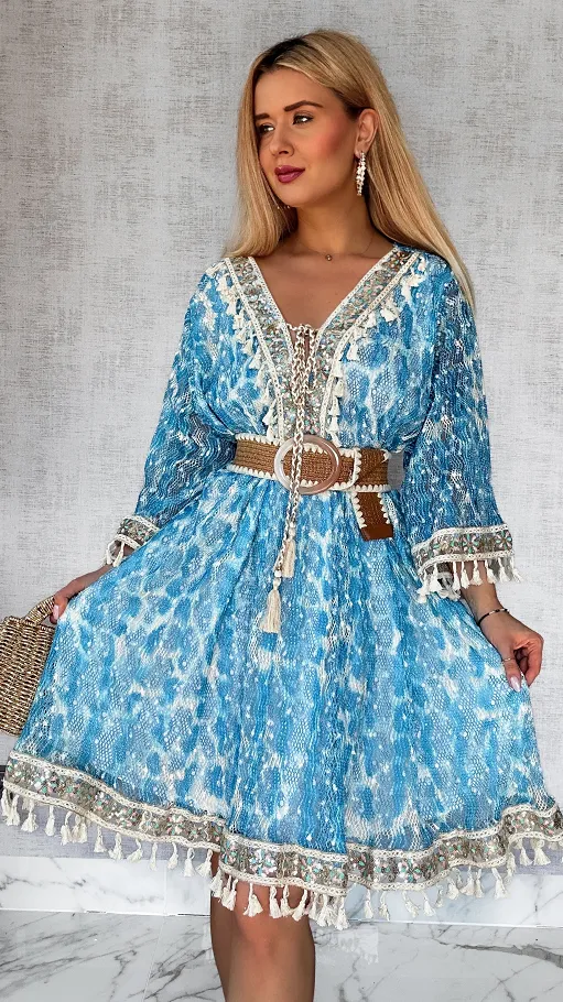 Luźna BOHO sukienka w cudownym niebieskim kolorze ONE SIZE - P692