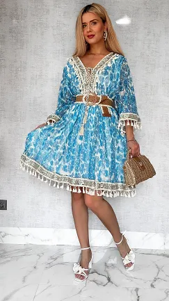 Luźna BOHO sukienka w cudownym niebieskim kolorze ONE SIZE - P692